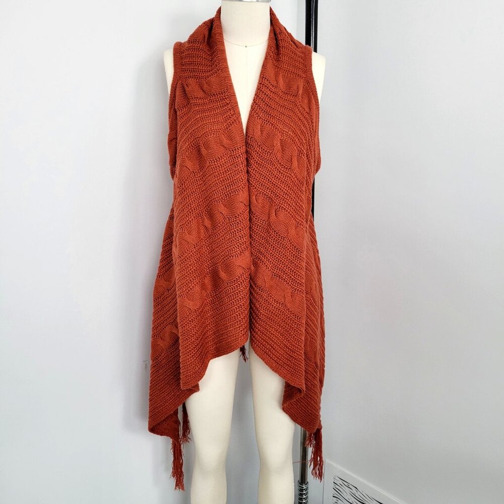 Lildy Rust Orange Knit Fringe Shawl Vest Open Front Boho Lagenlook Layering